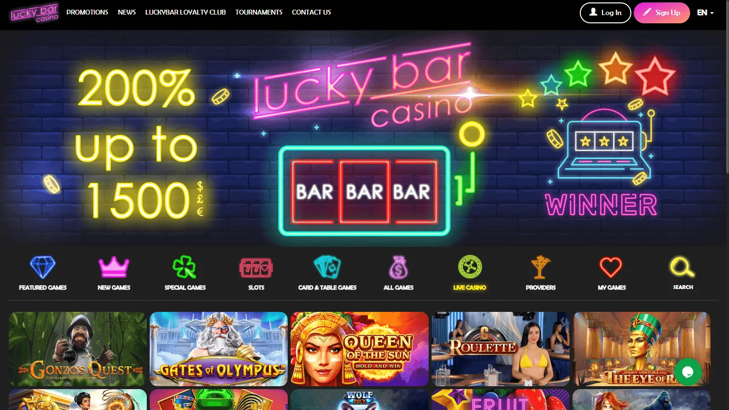 Lucky Bar Casino desktop home screen with casino offer and AUD account access