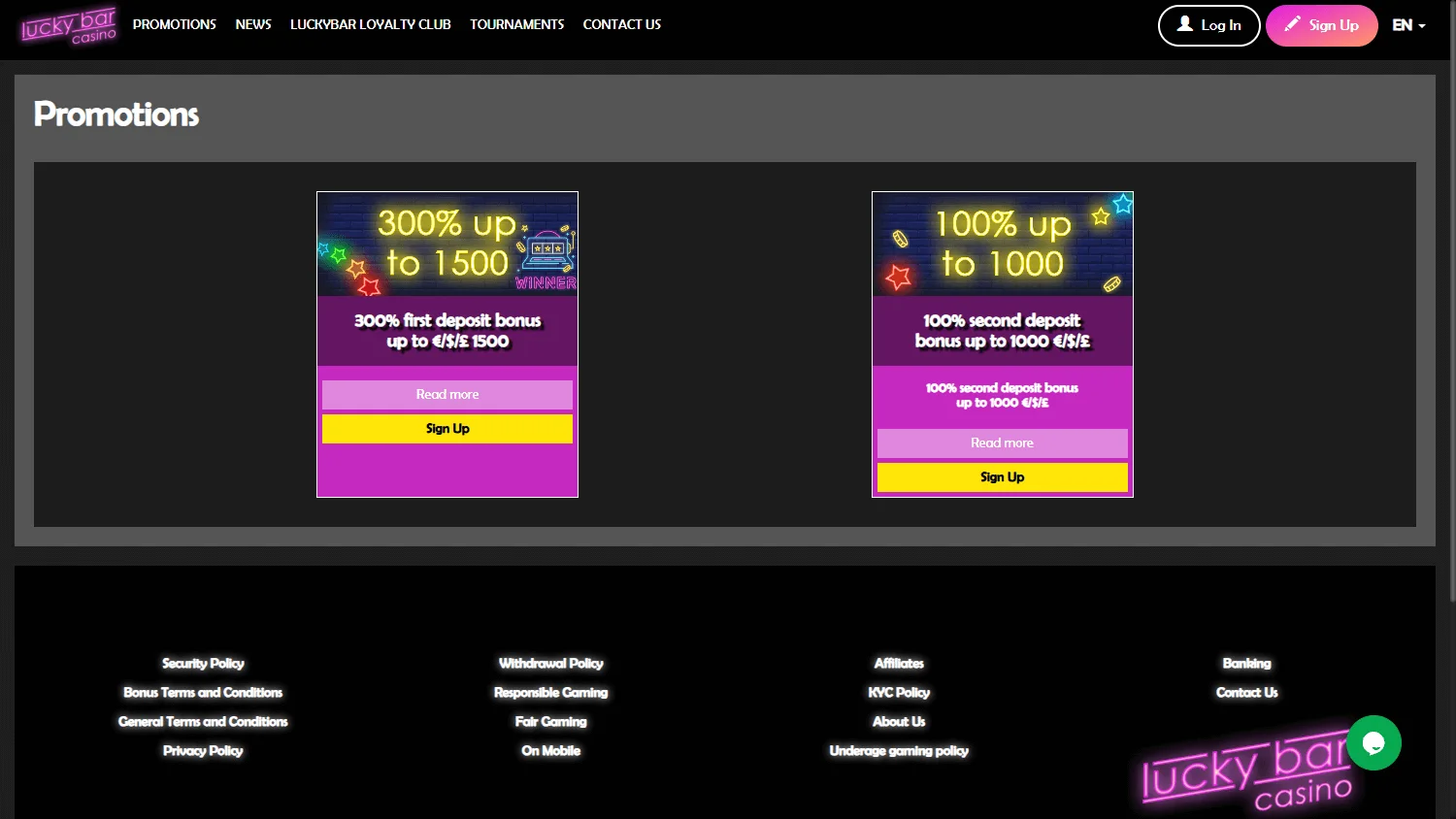 Lucky Bar Casino desktop games lobby with slots and live casino categories