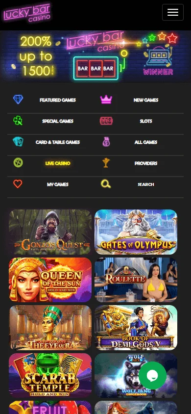 Lucky Bar Casino mobile browser home with welcome offer and casino access